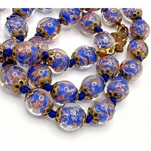 Vintage Murano Glass Necklace Sommerso Foiled Bright Blue Hand Knotted STUNNING